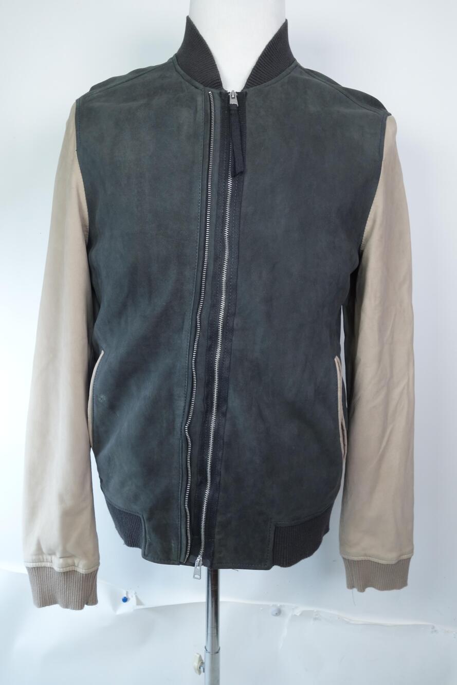 AllSaints Avon Bomber Jacket Mens Large Gray Leather Full Zip Contrast Sleeves